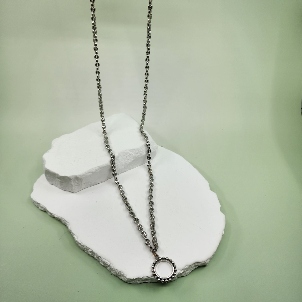 Silver Tone Long Chain Necklace Clear Circle Pendant Toggle Clasp Statement 38in